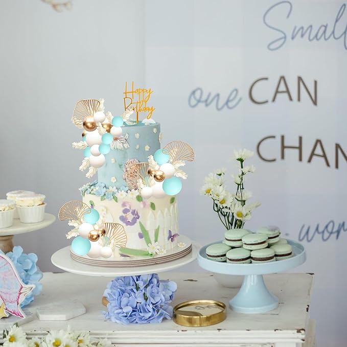 Gyufise 57Pcs Balls Cake Topper Boho Grass Cake topper Pearl Balls Acrylic Happy Birthday Cake Decorations for Wedding Baby Shower Birthday Boho Themed Party Supplies Light Blue