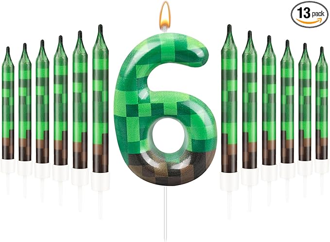 13 Pcs Dynamite Candles 12 TNT Themed Birthday Cake Candles and Number 6 Candle Cake Topper for Pixel Theme Birthday Party Anniversary Party Dynamite Theme Party Video Game Party Supplies (Number 6)
