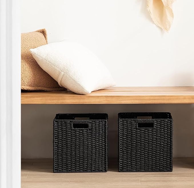 UBBCARE 2 Pack Wicker Basket, 11L×11H×10.5W inch Woven Paper Rope Storage Baskets for shelves, Foldable Cube Storage bin with Handle, Storage Basket for Organizing & Decor, Black