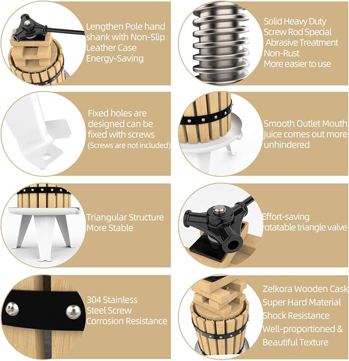 SQUEEZE master Fruit Press-3.17 Gallon/12L-Solid Wood Basket Wine Press-Vintage traditional juicer-6 Press Wooden Blocks-Pole Handle Bar for Juice,Wine,Cider-1 free filter bag included