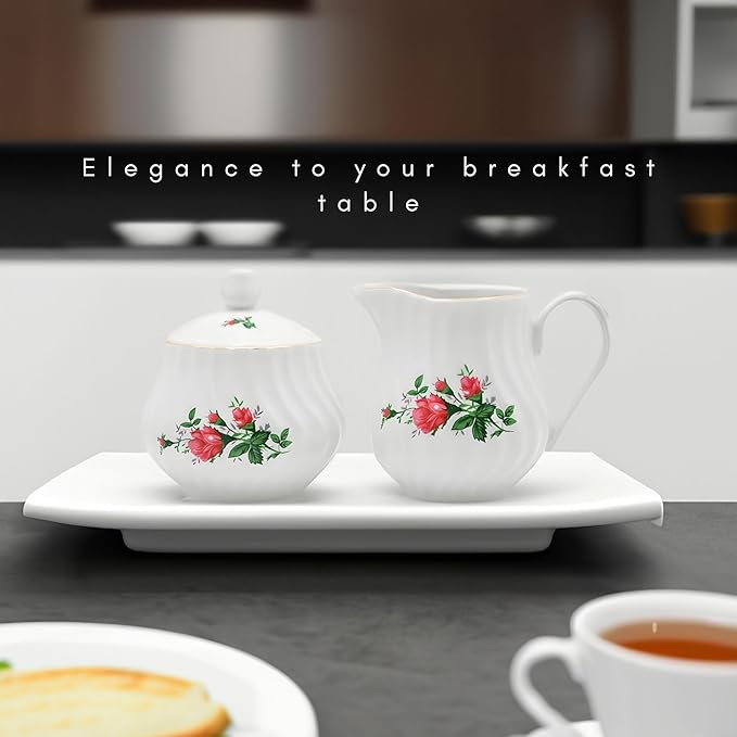 Sugar and Creamer Set - Porcelain Sugar and Creamer Floral Vintage Tea Set with Gold Trims & Embossed Swirls - Exquisite Fine China Tea Set for Parties & Celebrations - Vintage Rose Set by Lynns