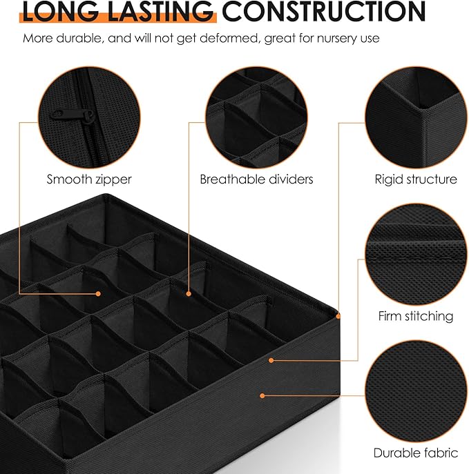 Drawer Organizer Clothes, 16 Pack Dresser Organizer Bins for Baby Clothes, Underwear Sock, Fabric Closet Organization and Storage Dividers for Nursery Bedroom (96 Compartments, Black)
