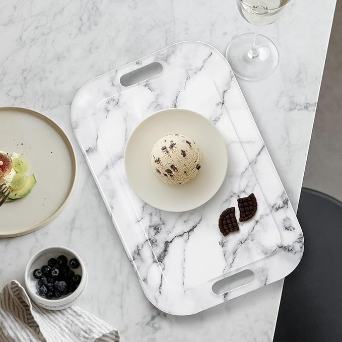 Serving Trays with Handles, 14.5 x 9.8 inch Rectangular Plastic Tray for Restaurant, Kitchen, Gray White Marble