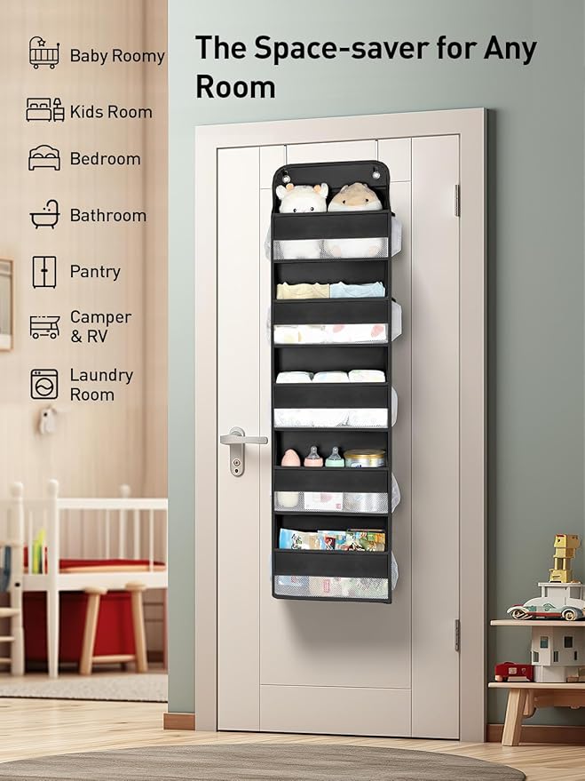 Yecaye 1 Pc Over the Door Organizer with 5 Bins 10 Side Pockets, 44lbs Load Hanging Bathroom and Bedroom Organizer, behind the Door Hanging Organizers for Nursery Newborn Baby Essential Stuff Black
