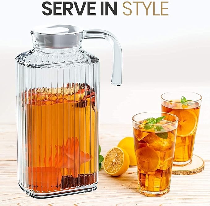 Fridge Pitcher – 60 OZ. Glass Water Fridge Pitcher with Lid By Home Essentials & Beyond Practical and Easy to use Fridge Pitcher Great for Lemonade, Iced Tea, Milk, Cocktails and more Beverages.