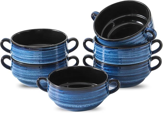 Hasense Soup Bowls, 20 oz French Onion Soup Bowls with Handle Set of 6, Serving Soup Crock for Stew, Pasta, Chili, Stackable Oven Safe Bowls, Microwave Dishwasher Safe, Blue