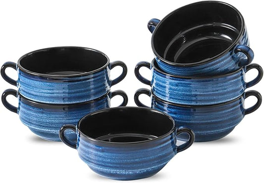 Hasense Soup Bowls, 20 oz French Onion Soup Bowls with Handle Set of 6, Serving Soup Crock for Stew, Pasta, Chili, Stackable Oven Safe Bowls, Microwave Dishwasher Safe, Blue