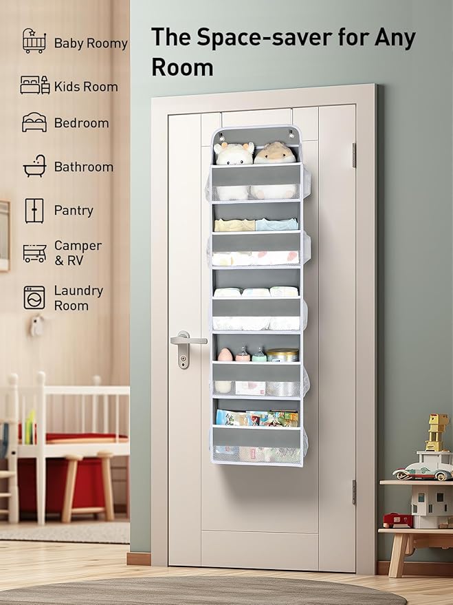 Yecaye 2 Pc Over The Door Organizer with 5 Bins 10 Side Pockets, 44lbs Load Hanging Bathroom and Bedroom Organizer, Behind The Door Hanging Organizers for Nursery Newborn Baby Essential Stuff Grey