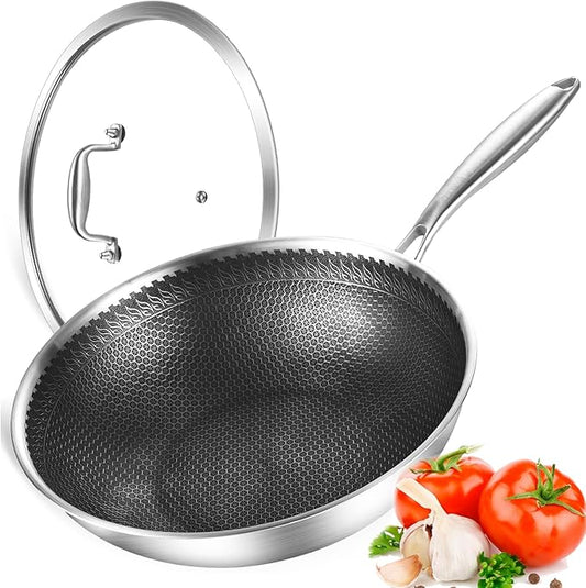 DELARLO 12" Nonstick Wok Pan With Lid, Tri-Ply Stainless Steel Saute Pan with Lids, 600℉, 5QT Deep Frying pan, Induction Wok Nonstick,Woks & Stir-Fry Pans