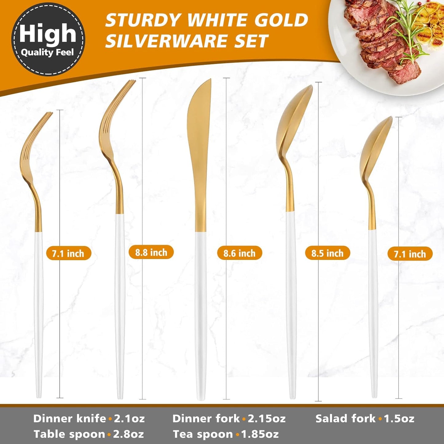 Matte White Gold Silverware Set, Oliviola 40-Piece Stainless Steel Flatware Cutlery Set Service for 8, Satin Finish Kitchen Utensil Set, Dishwasher Safe