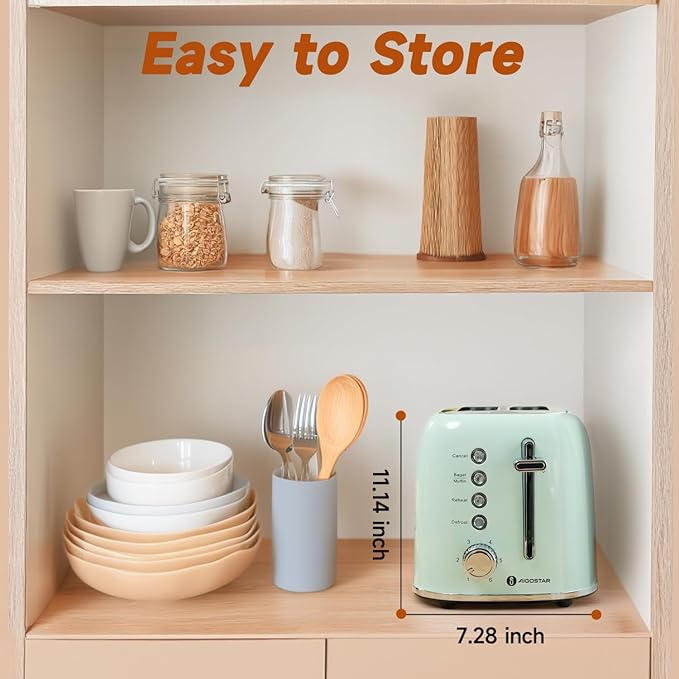 Aigostar Toaster 2 Slice Retro Toaster Stainless Steel, 1.6 inch Extra Wide Slots Bread Toaster Bagel, Cancel, Defrost Function, 6 Shade Settings & Removable Crumb Tray for Bread Waffle, Aqua Green