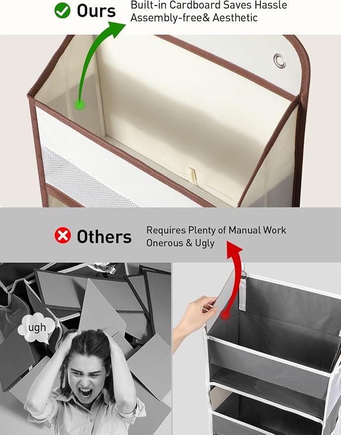 Yecaye 1 Pc 5 Tier Over the Door Organizer with 15 Pockets | 44lb Load Over the Door Storage | No Sagging Closet Organizers and Storage | Versatile Nursery Hanging Organizers for Home Dorm - Beige