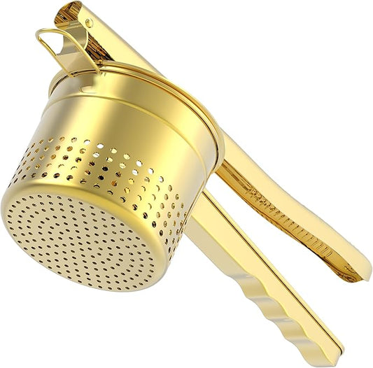 Large 15oz Potato Ricer Masher, Heavy Duty Stainless Steel Potato Masher with Ergonomic Handle, Masher and Ricer Kitchen Tool for Mashed Potatoes, Noodle Maker, Gold