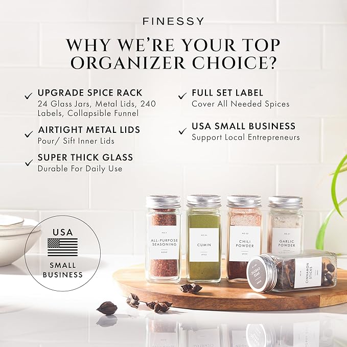 Glass Spice Jars with Labels with Metal Lids and Shakers Minimalist 24 Pack Set, 4oz Small Clear Empty Spice Bottles Seasoning Containers with Label Organizer Square Herb Seasoning Jars for Kitchen