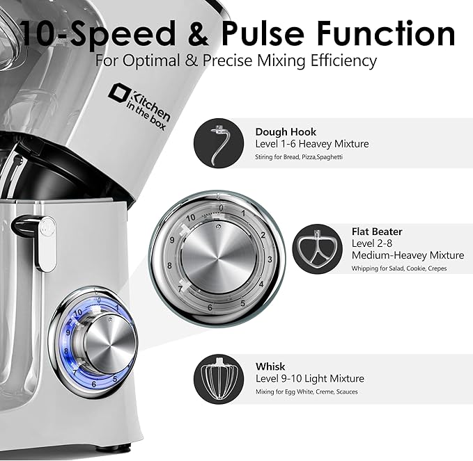 Kitchen in the Box Stand Mixer, 900W 8.5 QT Kitchen Electric Mixer, 10-Speed Large Capacity Tilt-head Food Mixer with Dough Hook, Wire Whip, Flat Beater & Splash Guard (Silver)