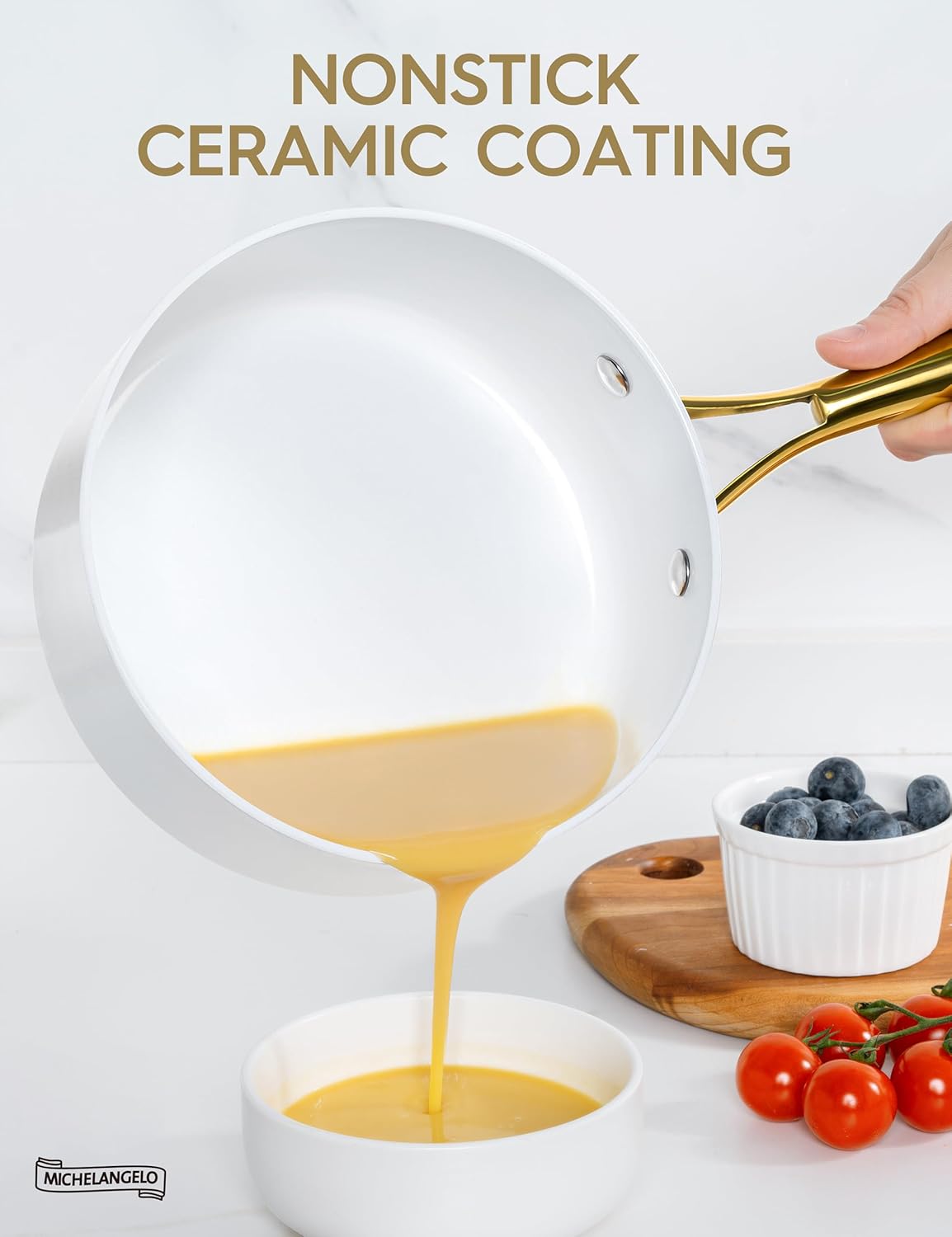 MICHELANGELO 1 Quart Nonstick Saucepan with Lid, Non-Toxic Ceramic Sauce Pan with Ergonomic Handle, 1 Qt Small Pot, Oven-Safe, White