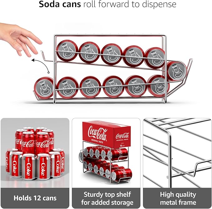 Sorbus Soda Can Rack Beverage Dispenser (1 Pack, Silver) – Holds 12 Standard 12oz Cans – Soda Can Organizer for Refrigerator, Pantry, or Countertop