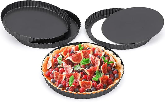 Beasea Tart Pan 9 Inch with Removable Bottom, 4pcs Nonstick Carbon Steel Round Quiche Pie Pans for Baking Tart Quiche Desserts