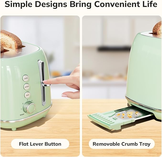 Toaster 2 Slice Stainless Steel Toaster Retro with 6 Bread Shade Settings, Bagel, Cancel, Defrost Function, 2 Slice Toaster with Extra Wide Slot, Removable Crumb Tray