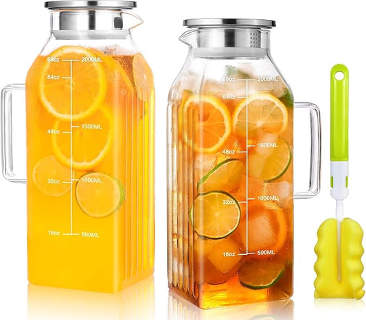 2 Liters/68oz 2 Pack Square Glass Pitcher with Lid and Handle for Bridge Door, Aofmee Borosilicate Glass Heat Resistant Dishwasher Safe Iced Tea Jar, Carafe with Scale Line for Hot/Cold Beverage