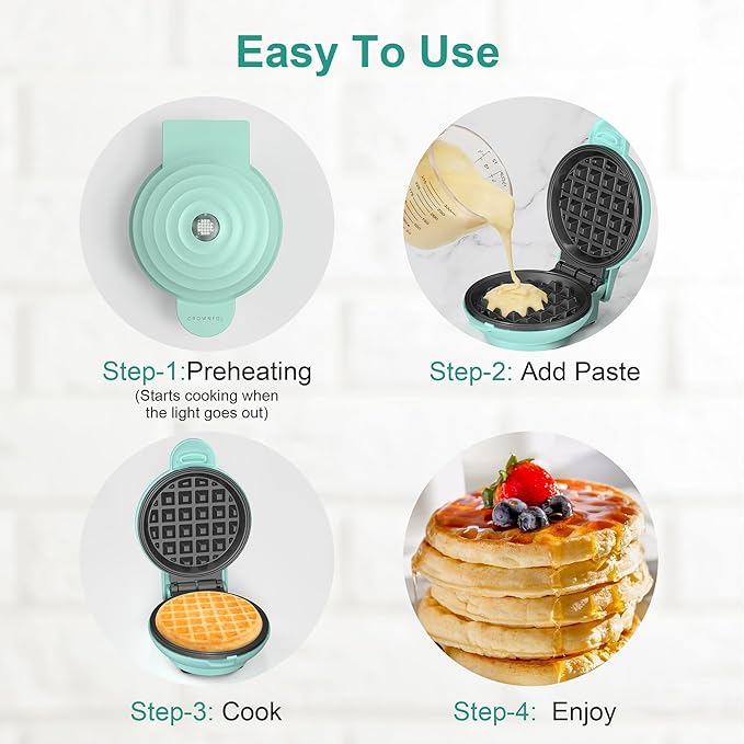 CROWNFUL Mini Waffle Maker, 4" Chaffle Maker with Compact Design, Easy to Clean, Non-Stick Surface, Recipe Guide Included, Perfect for Breakfast, Dessert, Sandwich, or Other Snacks