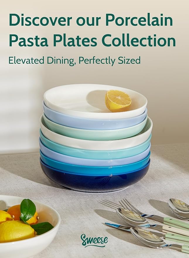 Sweese Pasta Bowls, 30 Ounce Salad Serving Bowls Set of 6, 8.4 Inch Porcelain Plates for Serving Dinner, Salad - Microwave Dishwasher Safe, Cool Assorted Colors