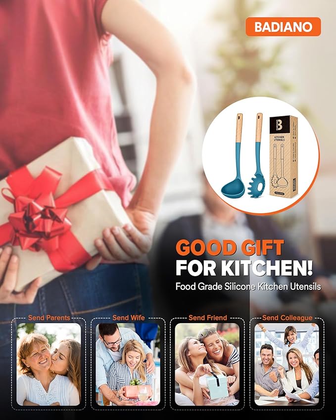 Pasta Fork and Ladle Set, Perfect for Serving Hot Soup, Stirring, and Sauce Pasta, BPA-Free Matte Silicone, Wood Handle Spaghetti Spoon for Nonstick Cooking Surfaces (Blue)