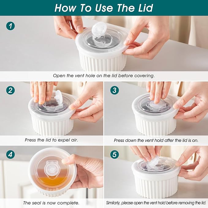 vancasso 8 oz Ramekins with Lid, Porcelain Creme Brulee Souffle Dishes, White Pudding Custard Cups Ramiken for Baking, Dishwasher and Oven Safe, Set of 6