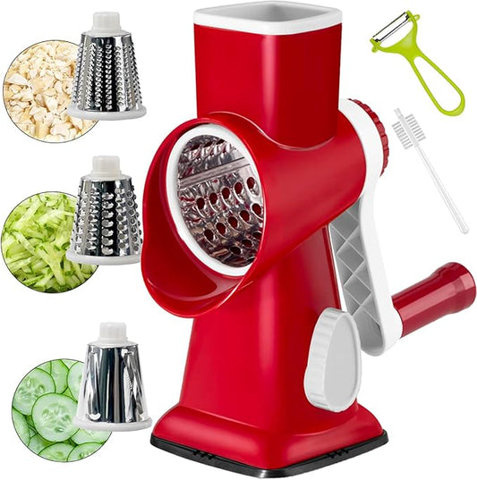 Rotary Cheese Grater Multi-Purpose Stainless Steel Cheese Shredder - Cheese Grater With Handle Effortless Grating of Carrots, Potatoes, Vegetables, and Fruits (Red)