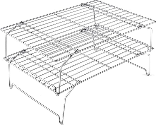 15IN x 10IN Cooling Baking Rack Set of 2, Leonyo 2-Tier Stackable Stainless Steel Wire Baking Cooking Racks Set for Cookie, Pizza, Cup Cake, Raised & Folding Feet