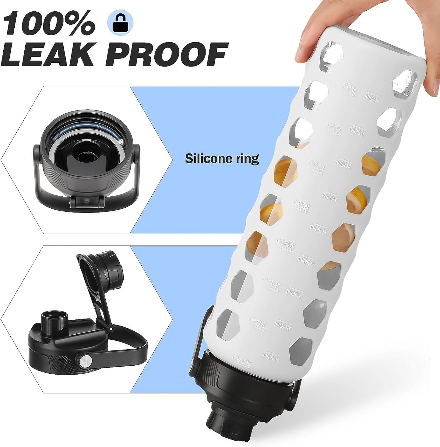 MUKOKO Glass Water Bottles, 32oz Glass Tumbler with Straw, Drinking Bottles with 2 Lids-Handle Spout Lid&Bamboo Straw Lid, Motivational Water Bottle with Time Marker and Silicone Sleeve, 1 Pack-White