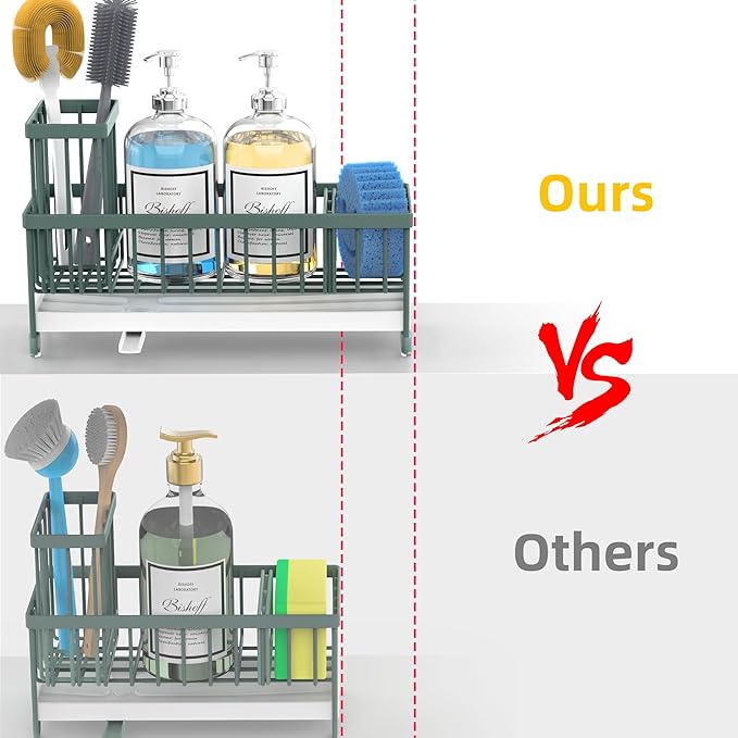 Moforoco Extra Large Sponge Holder for Kitchen Sink Organizer Caddy, Dish Brush Scrubber Holder,Stainless Steel Sink Box Utensil Holder,Soap Dispenser Set Tray Counter Accessories（Sage Green ）