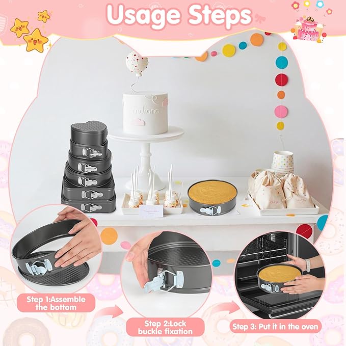 6Pcs Springform Cake Pan Set Of 7 7.8 8.6 9 10 11inch Moldes Para Pasteles Non-Stick Spring Pans Heart Cake Pan Round Nonstick Cheesecake Pans Square Spring Form Pan For Cheesecake Pizza Quiches