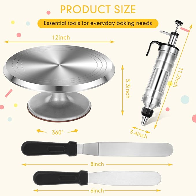 Nuogo 154 Pcs Aluminum Cake Decorating Tools Kit with 12 Inch Aluminum Cake Turntable, Cake Decorating Gun with 6 Heads, 34 Pcs Cake Decorating Set, 11 Cream Spatula Set, 100 Cream Piping Bag