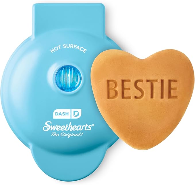 DASH x Sweethearts® Mini Waffle Maker - 4” Waffle, Heart Shaped Waffle, Nonstick Waffle Iron with Quick Heat-Up, Perfect Mini Waffle Maker for Kids and Families, Valentines Day - Bestie (Blue)