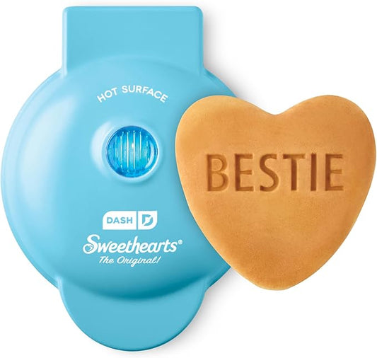 DASH x Sweethearts® Mini Waffle Maker - 4” Waffle, Heart Shaped Waffle, Nonstick Waffle Iron with Quick Heat-Up, Perfect Mini Waffle Maker for Kids and Families, Valentines Day - Bestie (Blue)