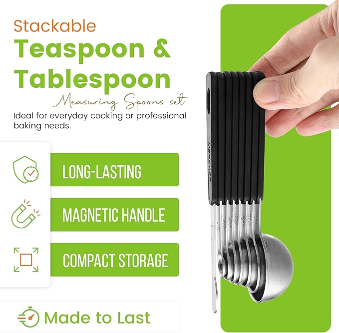 Spring Chef Stainless Steel Magnetic Measuring Spoons Set of 8 with Leveler, Round Metal Teaspoon & Tablespoon Measuring Spoons - Kitchen Gadgets For Baking and Cooking