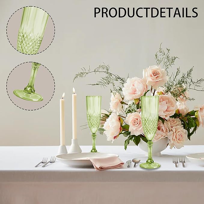 Plastic Champagne Flutes, 12PCS Green Plastic Wine Glasses Goblets Reusable Champagne Flute for Weddings, Bachelor Parties, Toasting, and Events(12, Green)