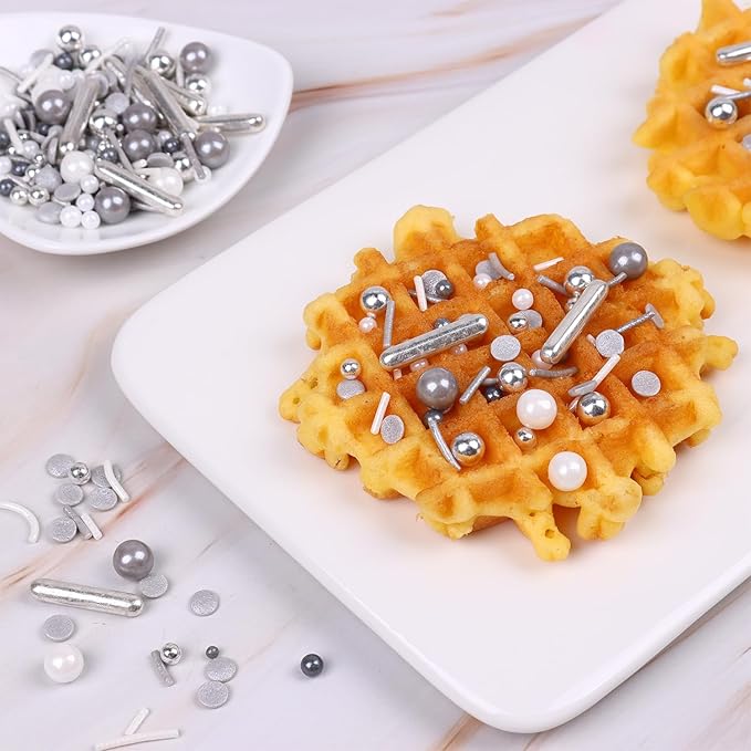 Gray & Sliver Sprinkles for Cake Decorating 4.23ounce - Sugar Mix Contains Metallic & Pearl Sprinkles for Cupcake Toppers, Ice Cream, Candy, Cookie Decorations - Holiday Party Supplies