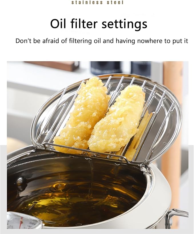 Deep Fryer Pot, Japanese Style Tempura Deep Fryer Frying Pot With Thermometer, Lid, Oil Drip Drainer Rack for French Fries Fish Shrimp Chicken 7.9 Inch/2.2 L 304 Stainless Steel Gifts