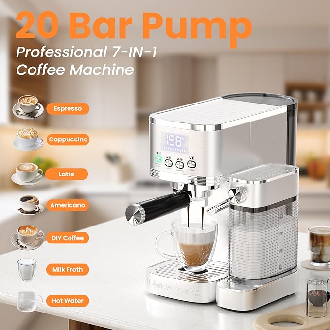 Espresso Machine 20 Bar Cappuccino Latte Machine with Automatic Milk Frother,Temperature Control LED Display StainlessSteel Dual Heat System Coffee Maker with ESE Pod Filter for Home