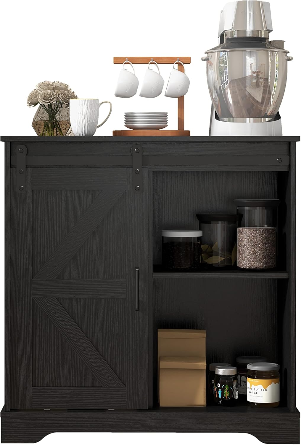 Panana Sliding Barn Door Buffet Sideboard Storage Cabinet Coffee Bar Kitchen Farmhouse Style (Black)