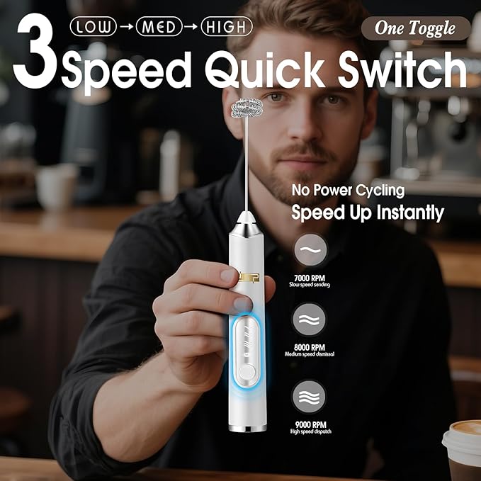 DSP Handheld Milk Frother Rechargeable, Electric Whisk for Coffee, 2 Stirring Rods 3 Speed Adjustable, Low Noise Drink Whisk for Lattes, Matcha, Hot Chocolate, Egg (Blizzard White)