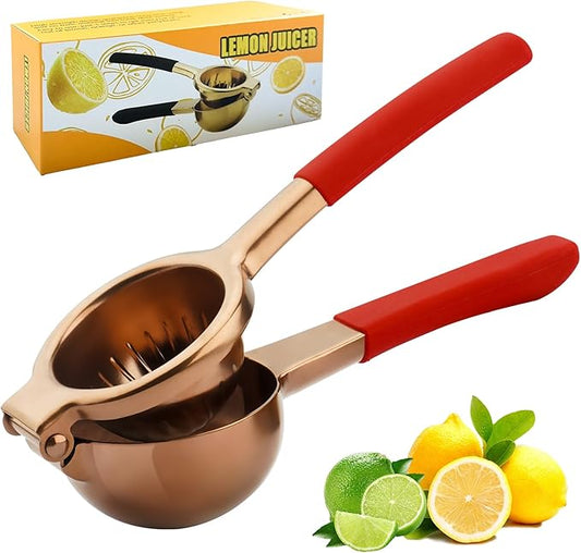 Lemon Squeezer,304 Stainless Steel Citrus Press Juicer,Non-Slip Grip Design Manual Juicer,Heavy Duty Manual Citrus Press Juicer & Lime Squeezer-Rose Gold & Red