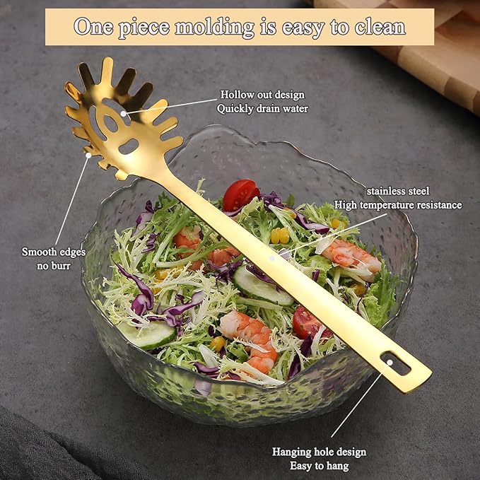 Gold Spaghetti Spoon, ReaNea Pasta Server, Stainless Steel Pasta Spoon with Teeth, One-Piece Metal Pasta Fork, Noddle Fork Gold Kitchen Accessories Utensils, Heat Resistant, Dishwasher Safe