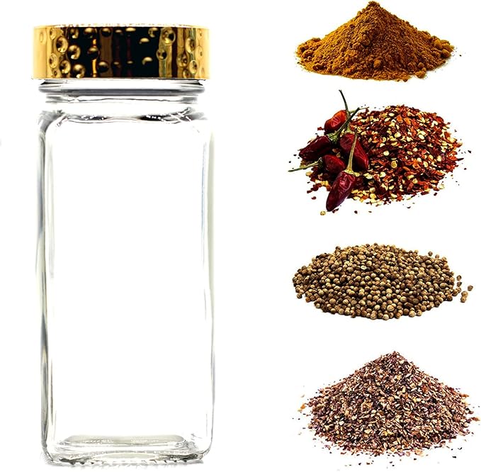 6pcs Gold Spice Jars, 4 oz Glass Seasoning Bottles, Spices Container, Empty Spice Jars, Square Spice Bottles with Airtight Plastic Caps with Shaker Lids
