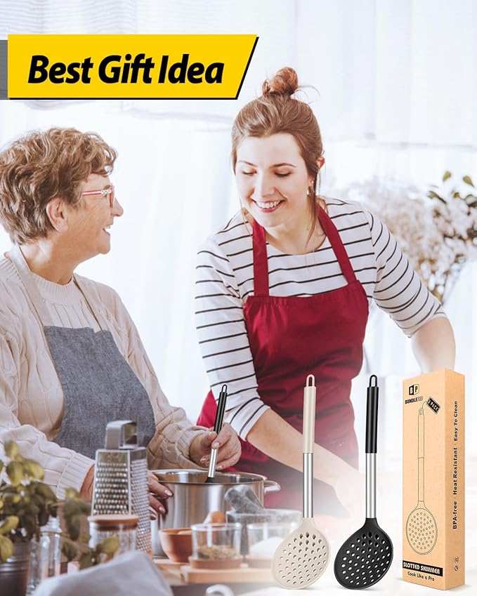 Kitchen Ladle Strainer Set of 2 Large Slotted Spoon with High Heat Resistant BPA Free Non Stick Cooking Skimmers For Draining and Frying (Black-Khaki)