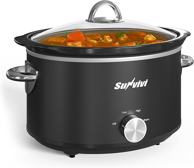 Sunvivi Small Slow Cooker 4QT, Mini Food Warmer with 3 Heating Settings, Removable Ceramic Pot, Dishwasher Safe Glass Lid, Stainless Steel, Black