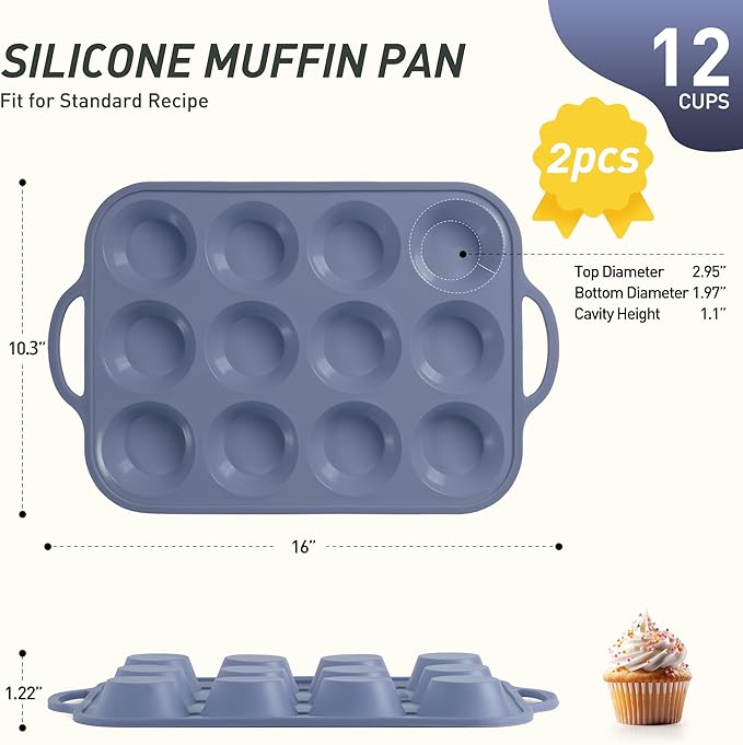 2 Packs 12 Cups Silicone Muffin Pan with Metal Reinforced Frame Regular Size Cupcake Pan Tray Egg Bites Silicone Circle Cookie Molds Muffin Tin Tart Pans Baking Sheet Set for Breakfast Sandwiches