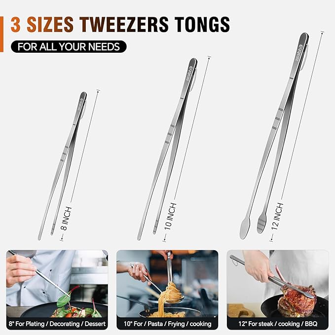 Kitchen Tweezers Tongs, Cooking Tweezers Stainless Steel - 3 Size 12'' 10'' & 8 inch Ideal for Meat, pasta, plating and pinching delicate small pieces of food, Set of 3